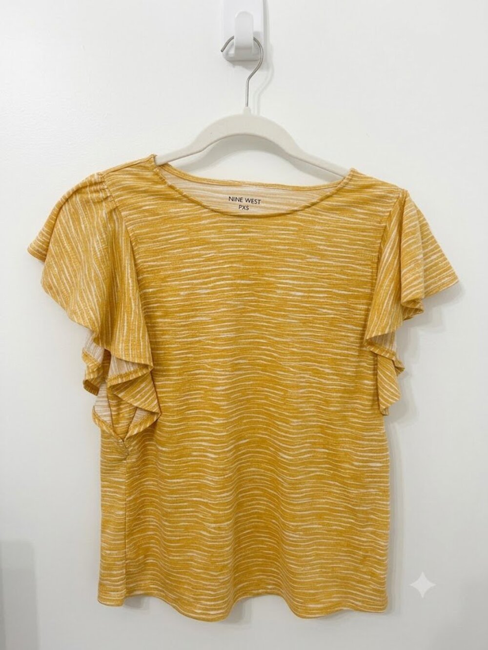 Nine West Womens Yellow White Striped Flutter Sleeve Scoop Neck Top